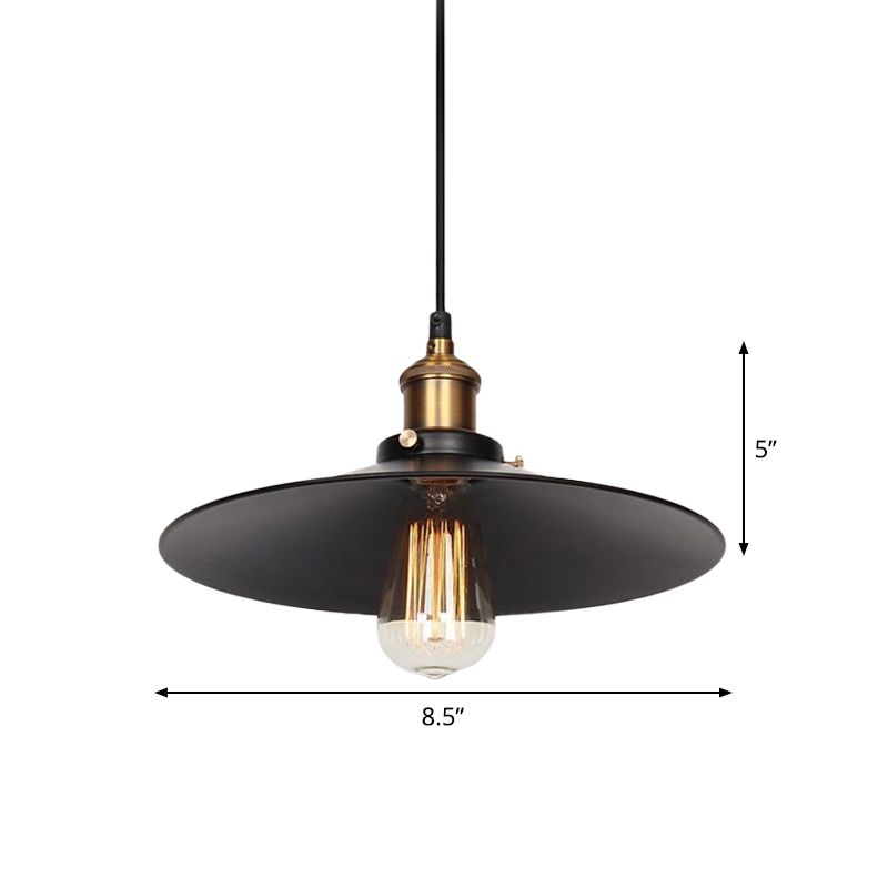 Factory Flying Saucer Ceiling Pendant 8.5"/12" Wide Single-Bulb Metal Hanging Lamp in Black