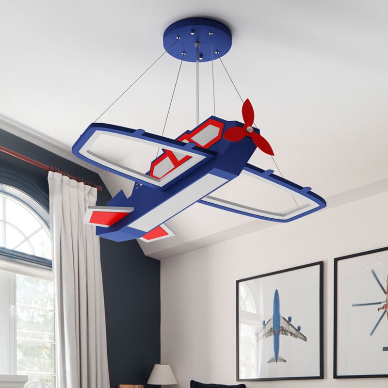 Dark Blue Plane Pendant Lighting Fixture Childrens LED Metal Chandelier for Bedroom