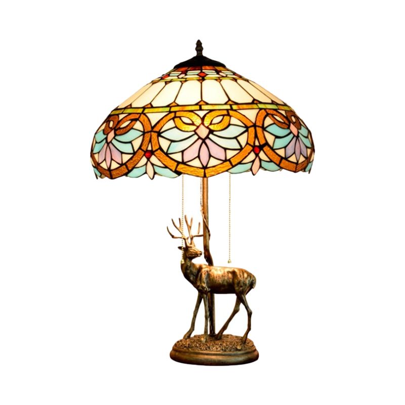 2-Light Parrot Pull Chain Table Lighting Tiffany Beige/Blue-White Stained Glass Night Stand Lamp with Deer Decoration