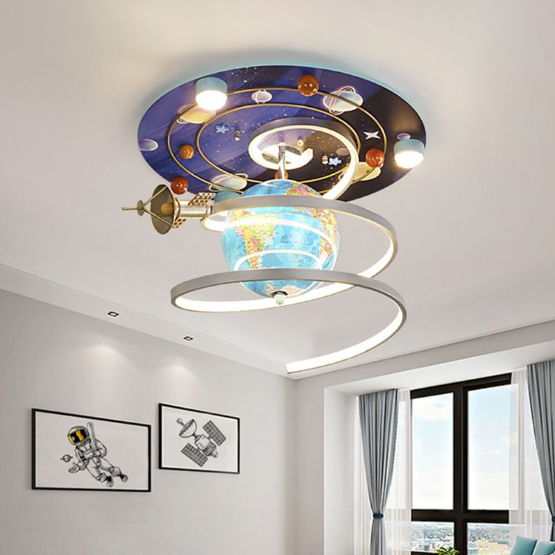 Blue Finish Globe Ceiling Flush Mount Cartoon LED Wood Flush Light Fixture for Kids Bedroom