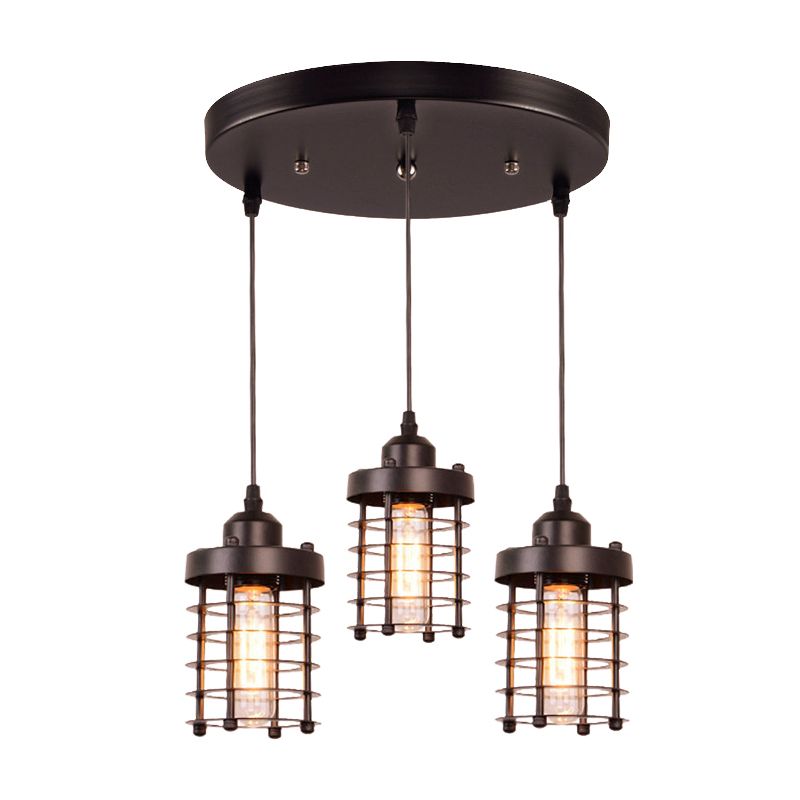 Cylindrical Metal Hanging Lamp Warehouse 3-Head Dining Table Multi Light Pendant Lighting in Black