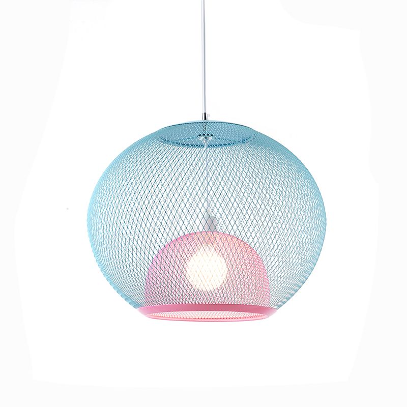 Global Mesh Restaurant Pendant Light Metallic 1-Bulb Macaron Ceiling Hang Fixture in Pink/Yellow/Blue