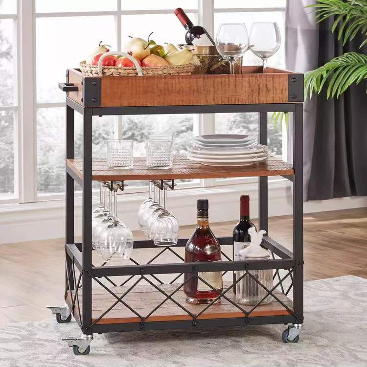 Rolling Industrial Kitchen Trolley Wooden Kitchen Trolley for Restaurant