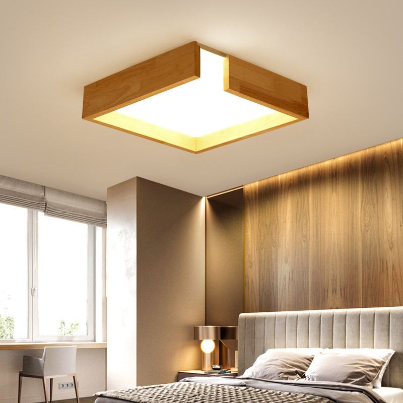 Minimalism Flush Mount Light Square LED Ceiling Light with Wood for Bedroom