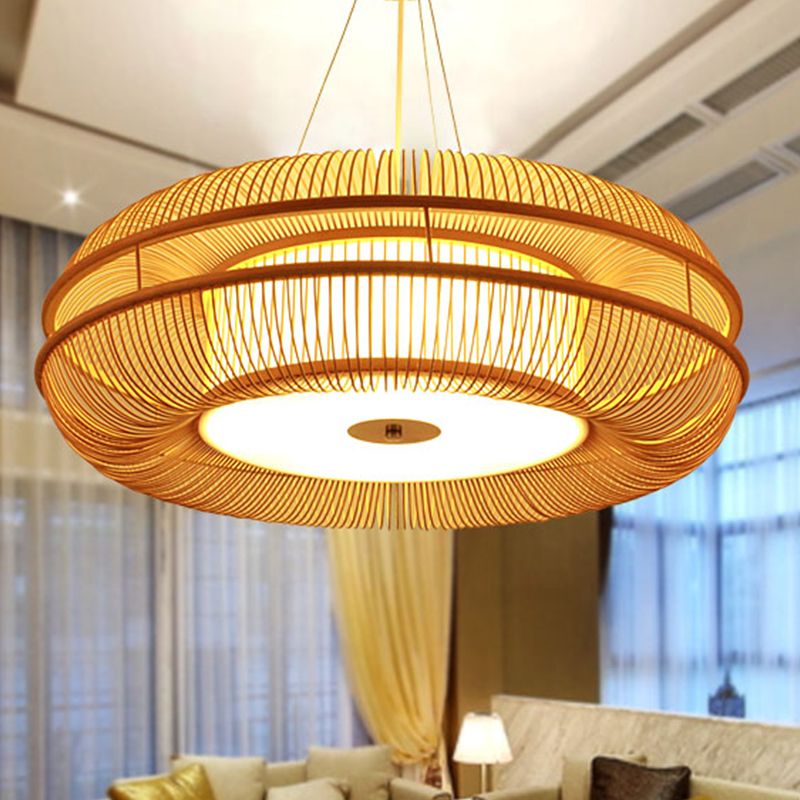 Dunut Pendant Lamp Chinese Bamboo 1 Bulb Beige Hanging Ceiling Light, 25.5"/31.5" Shade