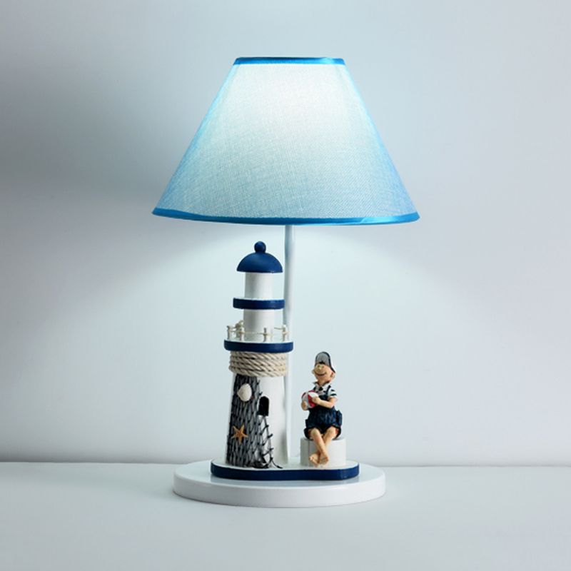 Boy/Girl and Lighthouse Table Light Cartoon Resin 1 Light White/Blue Night Stand Lamp with Tapered Shade