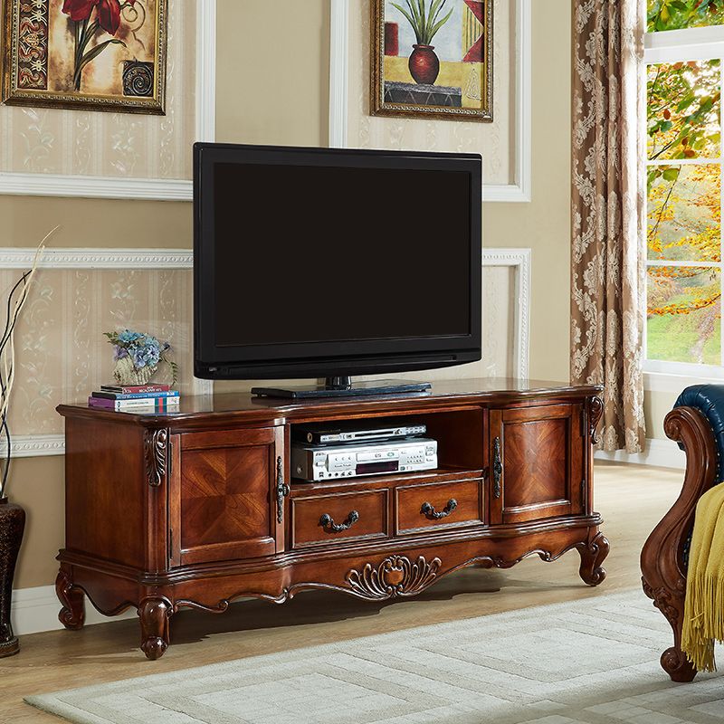 Traditional Style TV Stand Brown Birch Wood TV Cabinet with Shelves