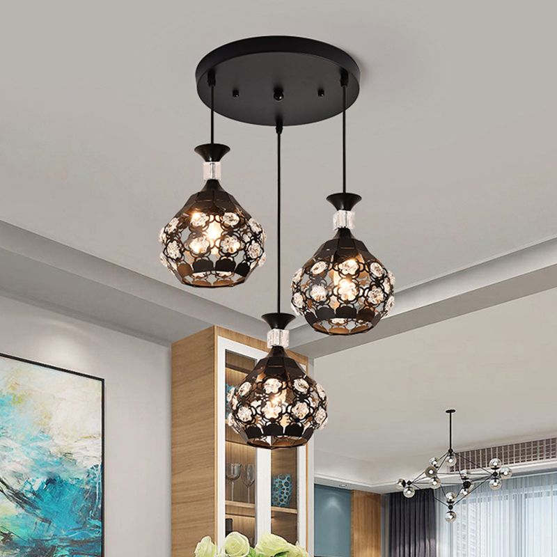 Black Hollow Out Floret Multi-Pendant Modernisme 3 Lumières Crystal Embedded Suspension Lampe