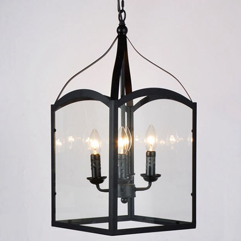 Black 4-Light Pendant Light in Industrial Classic Style Wrought Iron Hanging Lamp with Glass Shade