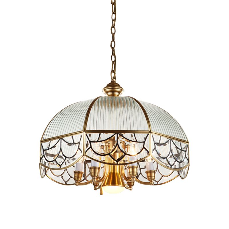 Colonial Scalloped Hanging Pendant 7 Heads Frosted Prismatic Glass Suspended Lighting Fixture in Brass