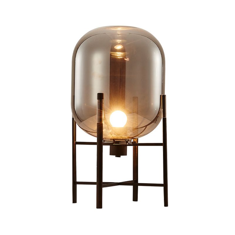 Oval Night Lighting Modern Smoke Gray/Cognac Glass Shade 1-Light Restaurant Nightstand Lamp with Vertical Metal Base