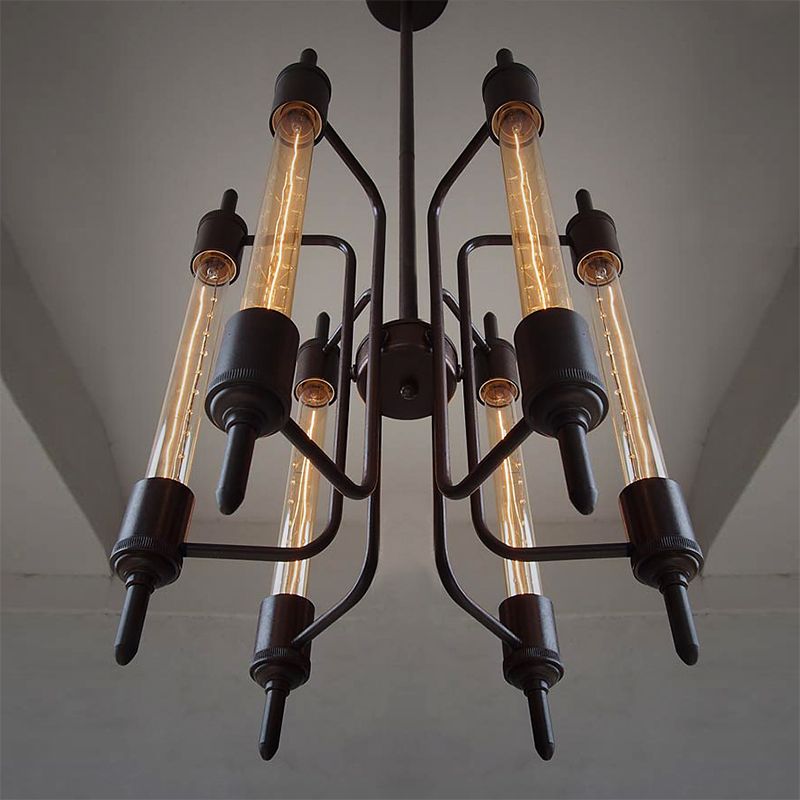6 Lights Linear Hanging Light with Bare Bulb Farmhouse Black Metal Pendant Lamp for Restaurant
