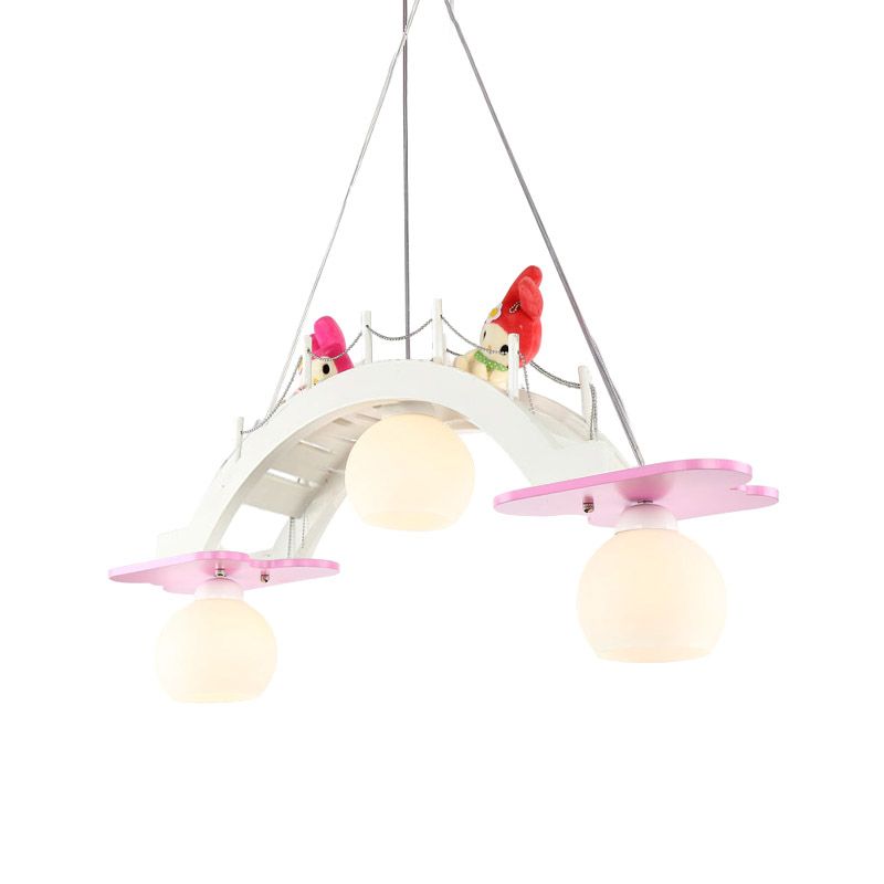 Bridge Nursery Cluster Pendant Lamp Wooden 3 Heads Kids Suspension Light in Blue/Pink with Cream Glass Shade