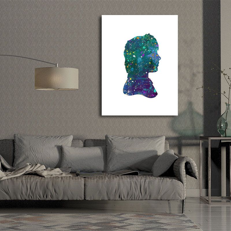 Textured Blue Wall Art Minimalism Figure Side Face Watercolor Canvas Print for Living Room