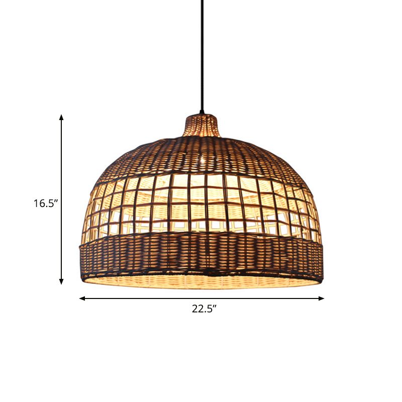 Plafond en dôme brun Light Light Rustic Woven Rattan 1-Light Pendant Lamp For Cafe Restaurant