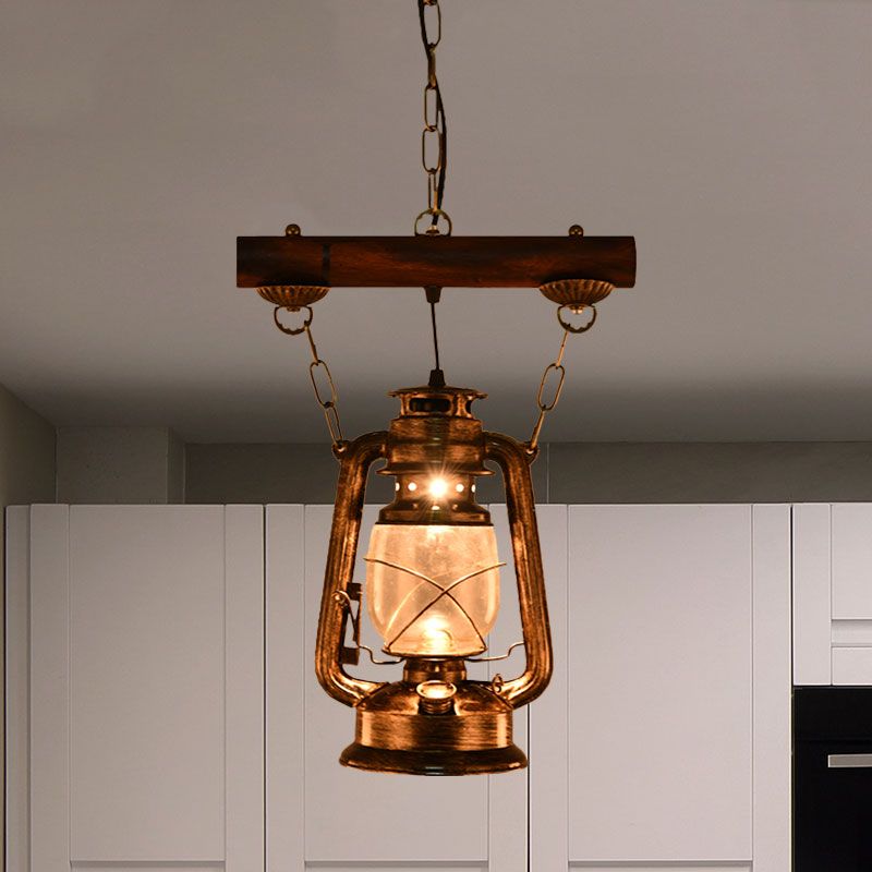 1 Light Kerosene Pendant Lighting Antique Bronze Clear Glass Hanging Light Fixture for Bedroom