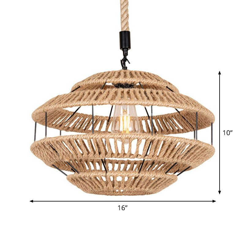 Hemp Roped Brown Ceiling Light Basket 1-Light Rustic Suspension Pendant for Dining Room