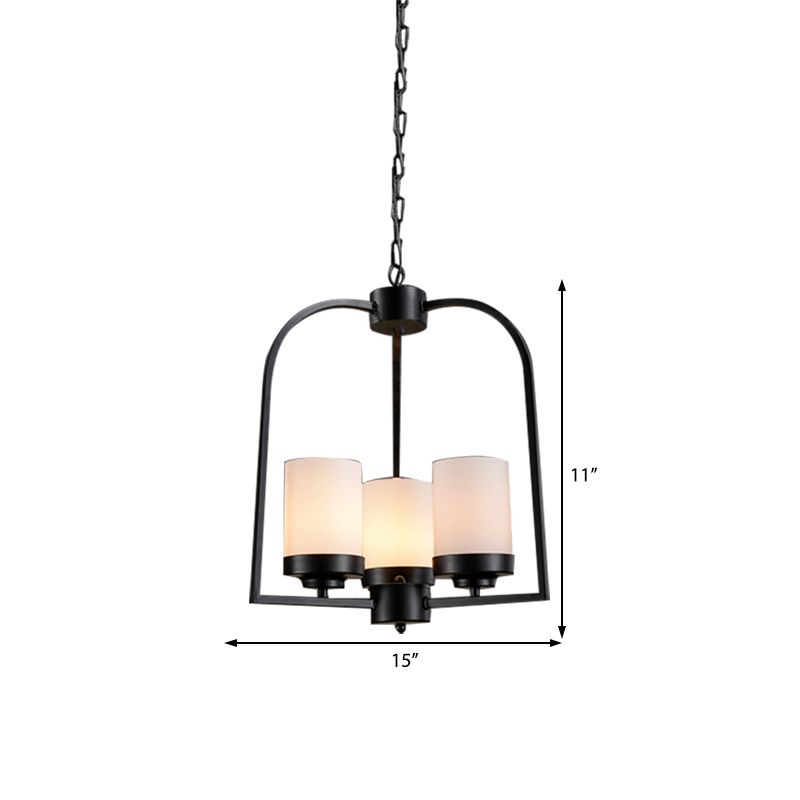 Matte Black Cylinder Chandelier Lamp Industrial Opal Glass 3 Light Dining Room Hanging Light