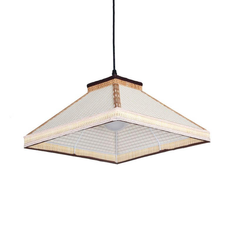 Chinese Pyramid Hanging Ceiling Light Bamboo/Rattan 1 Light Restaurant Pendant Lamp in White/Ivory/Brown