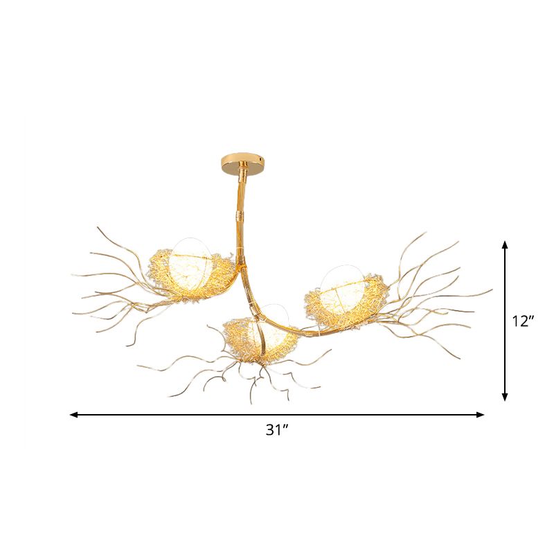 Modern Branch Hanging Light with Nest & Egg Three Lights Metal Chandelier in Gold for Study Room