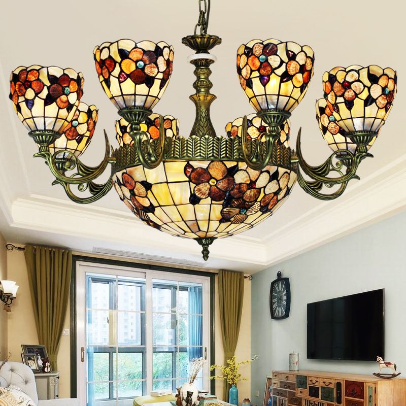 9/11 Lights Bedroom Ceiling Chandelier Tiffany Beige Flower Patterned Suspension Lamp with Bowl Shell Shade