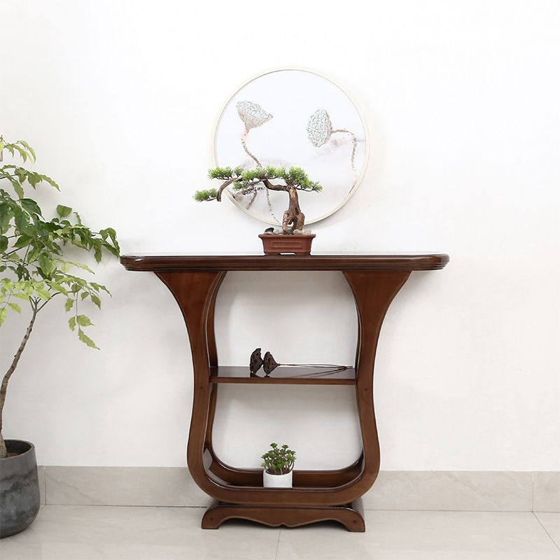 33.46" Tall Half Moon Accent Table Solid Wood Console Table with Shelves