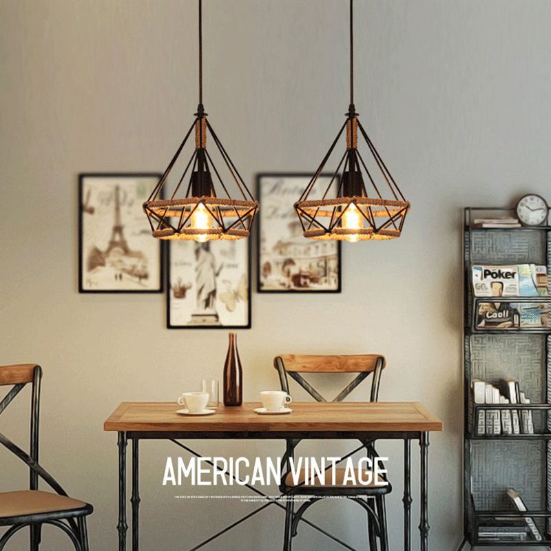 Retro Industrial Style Diamond Twine Chandelier Wrought Iron Dining Room