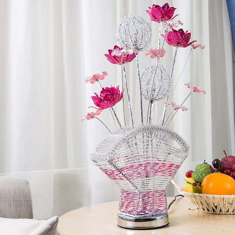 Fan-Shaped Aluminum Table Lighting Decorative LED Bedroom Desk Lamp with Rose and Dandelion Decor in Red/Purple