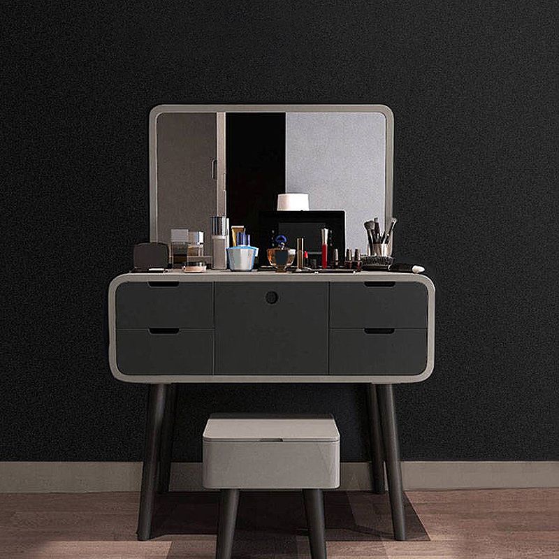 Contemporary Wood Vanity 5 Storage Drawers with Mirror & Stool