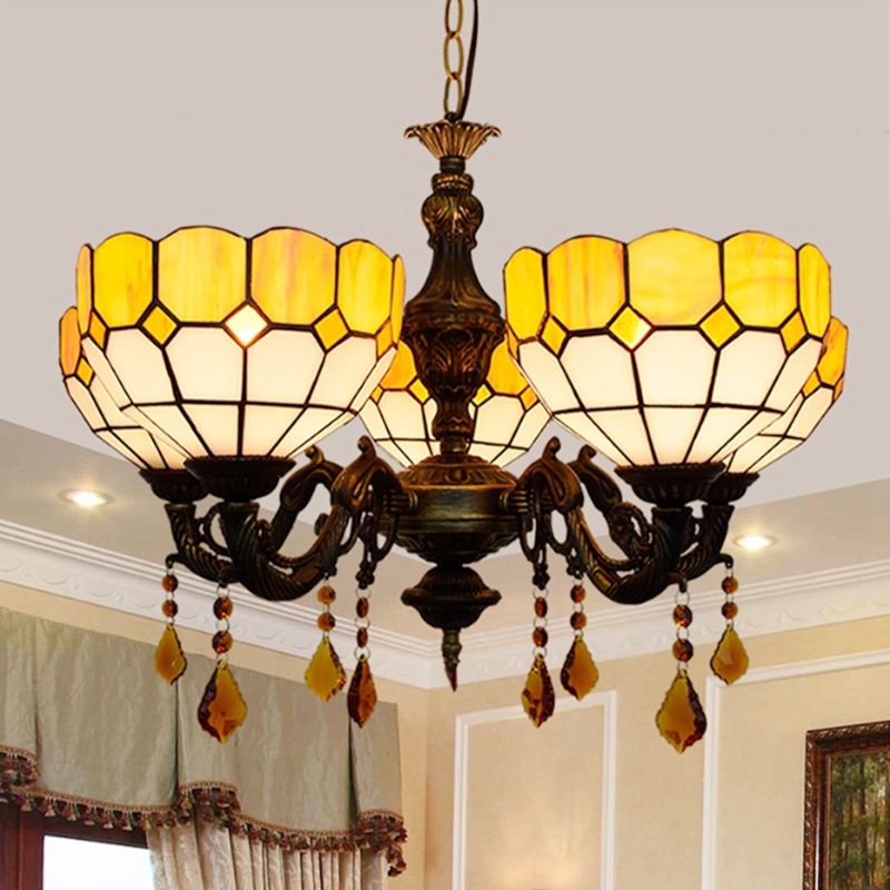 5 Heads Bowl Glass Shade Chandelier Rustic Chandelier Light with Crystal in Yellow for Dining Room