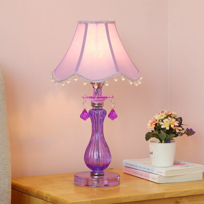 Romantic Pastoral 1 Light Night Lamp Purple Cone/Scalloped Nightstand Light with Fabric Shade and Crystal Accent