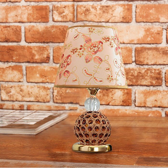 Floral Fabric Tan Table Light Tapered Shade 1 Head Countryside Nightstand Lamp with Crystal Embedded Ball Base