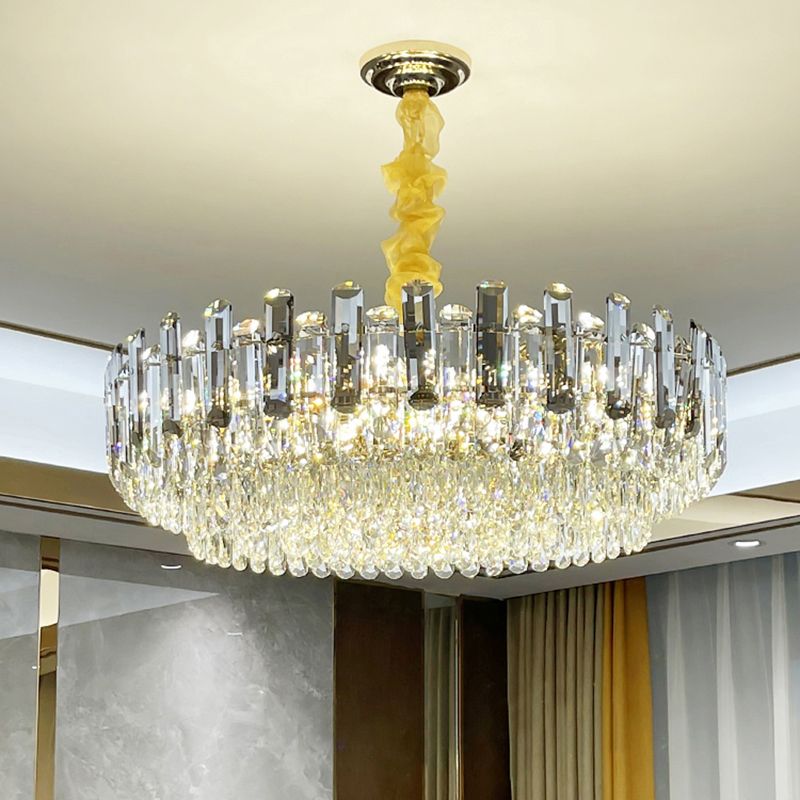 Modern Round Chandelier Smoke Grey and Clear Crystal Restaurant Suspended Lighting Fixture