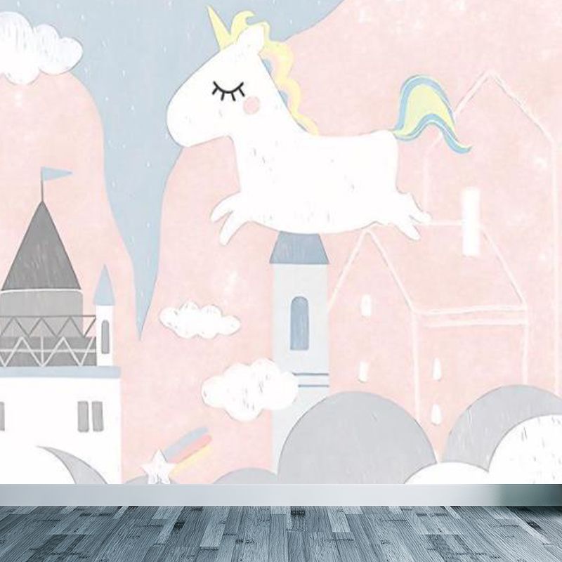 Light Pink Cartoon Mural Decal Large Castle and Unicorn Wall Art for Childrens Bedroom