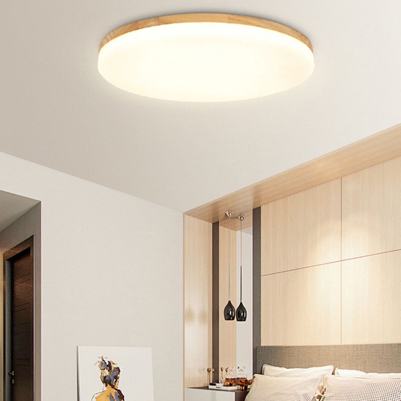 Wood Round Shape Flush Mount Light Modern 1-Light Flush Mount Ceiling Light in Brown