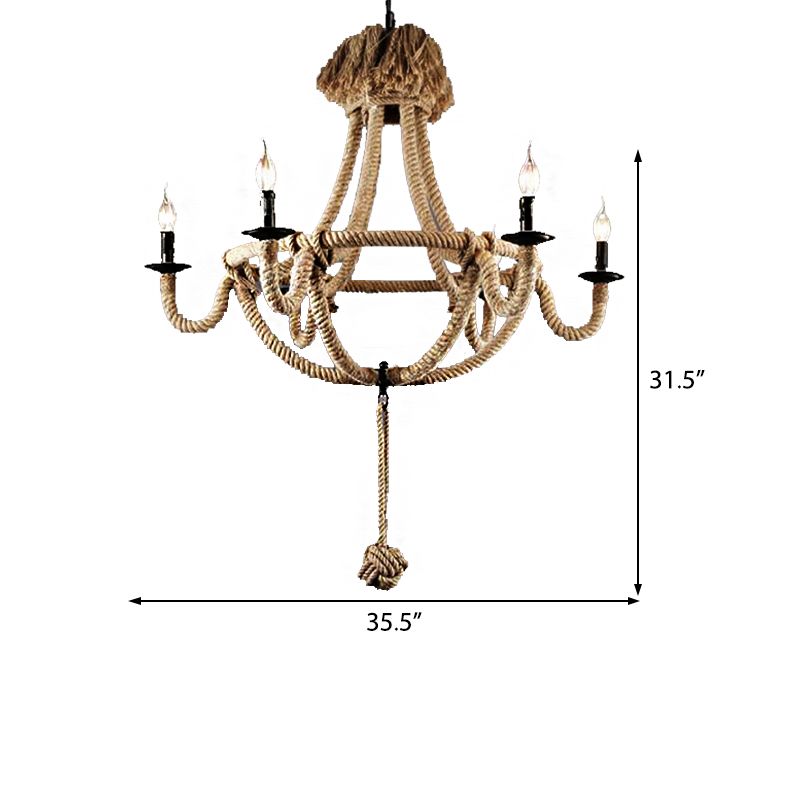 Candle Rope Light Chandelier Rustic Style 3/6 Lights Dining Room Pendant Lighting in Beige