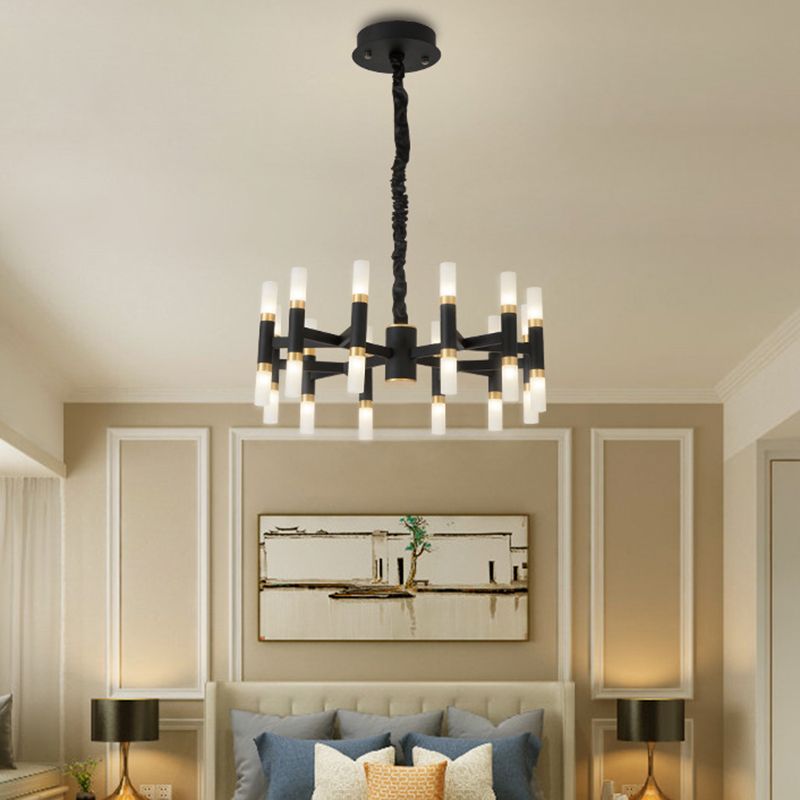 24/36/60 Lights LED Bedroom Chandelier with Tubular Iron Shade Modern Black/White Ceiling Pendant