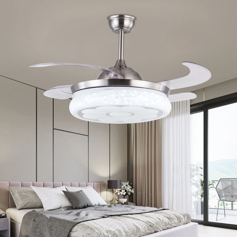 42" W Modernist Circle Hanging Fan Light LED Metal Semi Flush Mount Ceiling Fixture in Silver with 4 Blades, Remote Control/Remote and Wall Control/Frequency Conversion and Remote Control