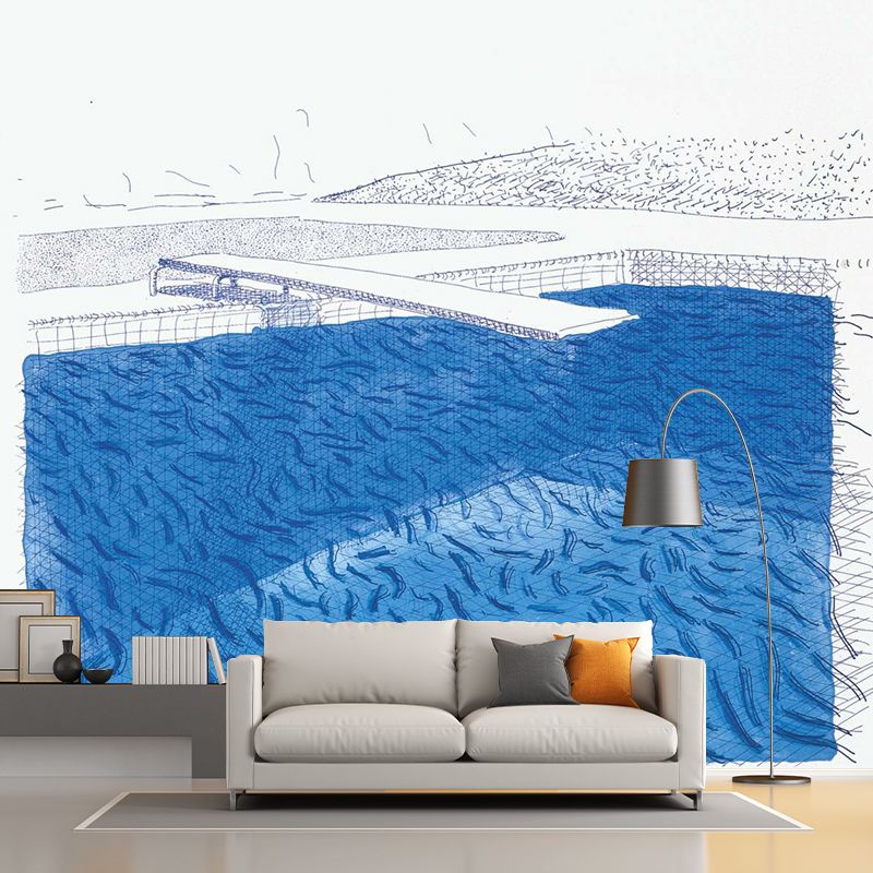 Blue-White Artistry Wallpaper Murals Whole Swimming Pool with Fishes Drawing Wall Decor for Hall