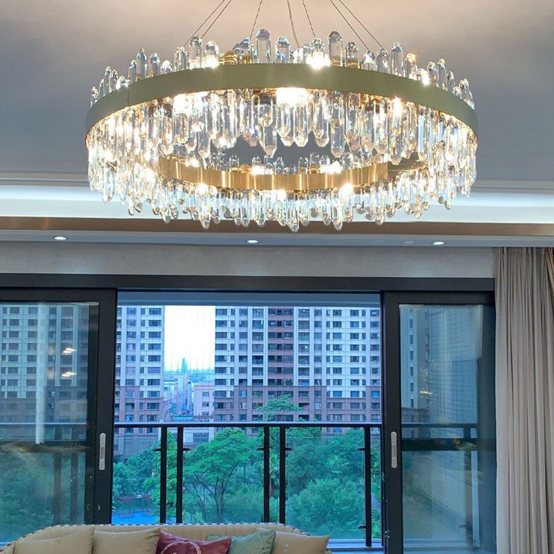 Round Shape Hanging Lights Crystal Metal Chandelier in Gold for Living Room