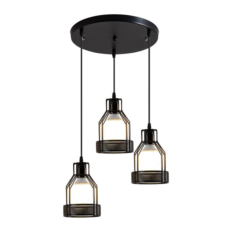 Iron Bottle Frame Cluster Pendant Industrial 3 Bulbs Dining Table Suspension Lighting with Mesh Bottom in Black