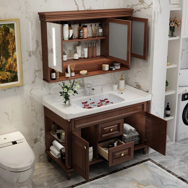 Bathroom Vanity Set Mirror Storage Shelf Ceramic Sink 2 Doors Sink Vanity with Faucet