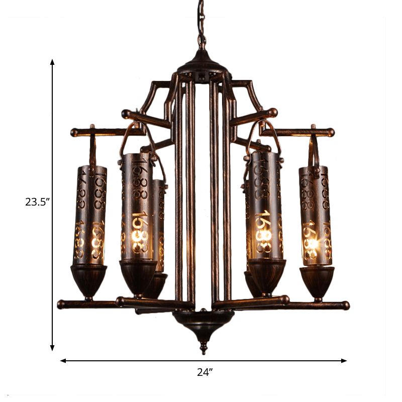 Iron Flute Hanging Light with Number Design Creative Chandelier in Rust for Bar