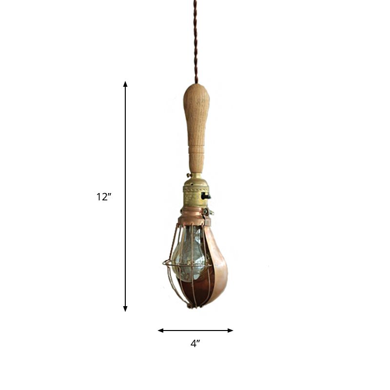 Rustic Bulb Shaped Mini Hanging Light 1 Head Wood Down Lighting Pendant with Cage Guard