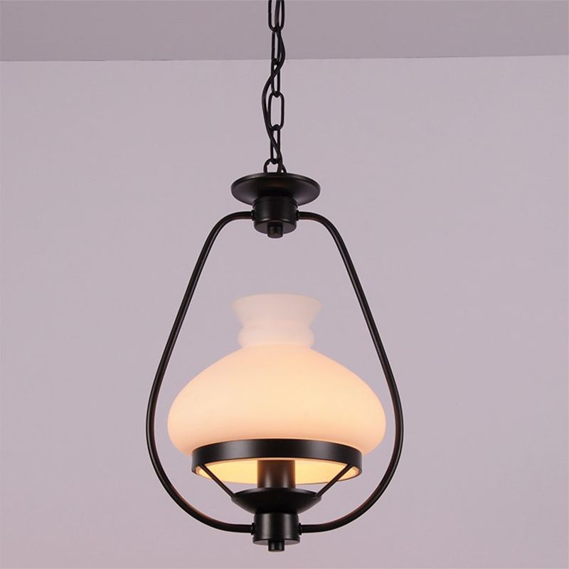 Single Light Ceiling Light Industrial Vase White Glass Pendant Lighting Fixture in Black