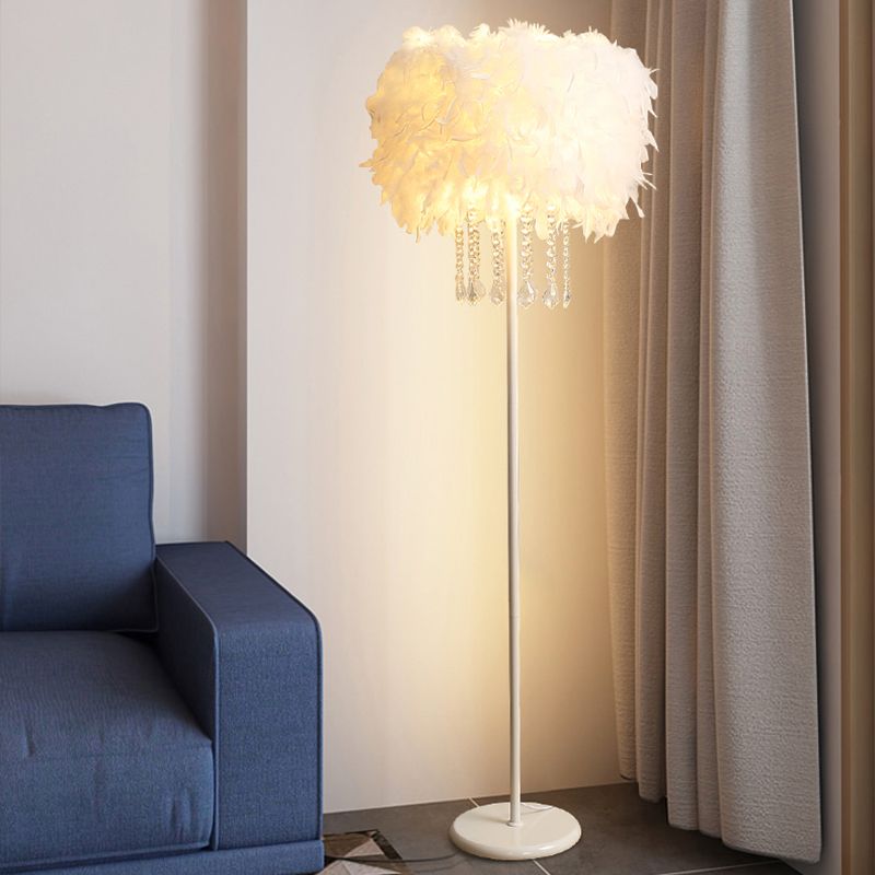 Trommelvloer Licht Licht Simplicity Feather 1-Licht Wit Goaneneck/Straight Stand Up Lamp met/zonder kristal draperen