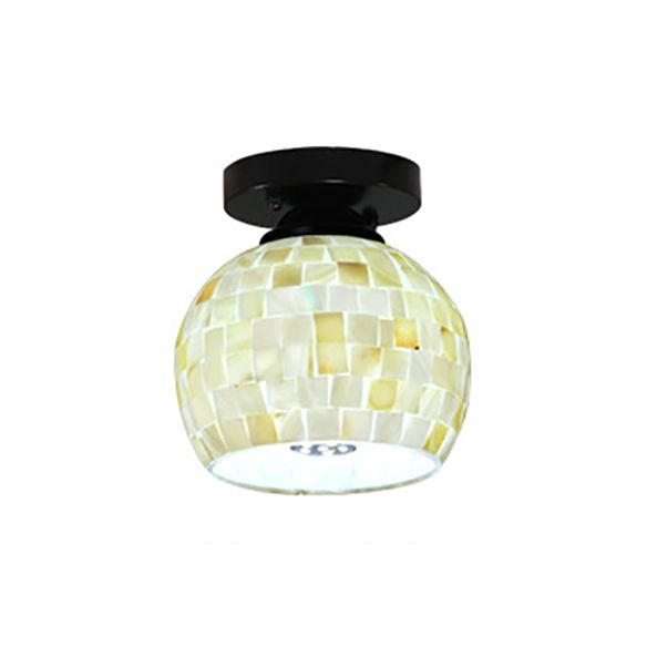 Beige Ceiling Light Fixture with Geometric/Circle/Square Pattern Tiffany Mosaic Glass 1 Bulb Flush Mount Ceiling Light