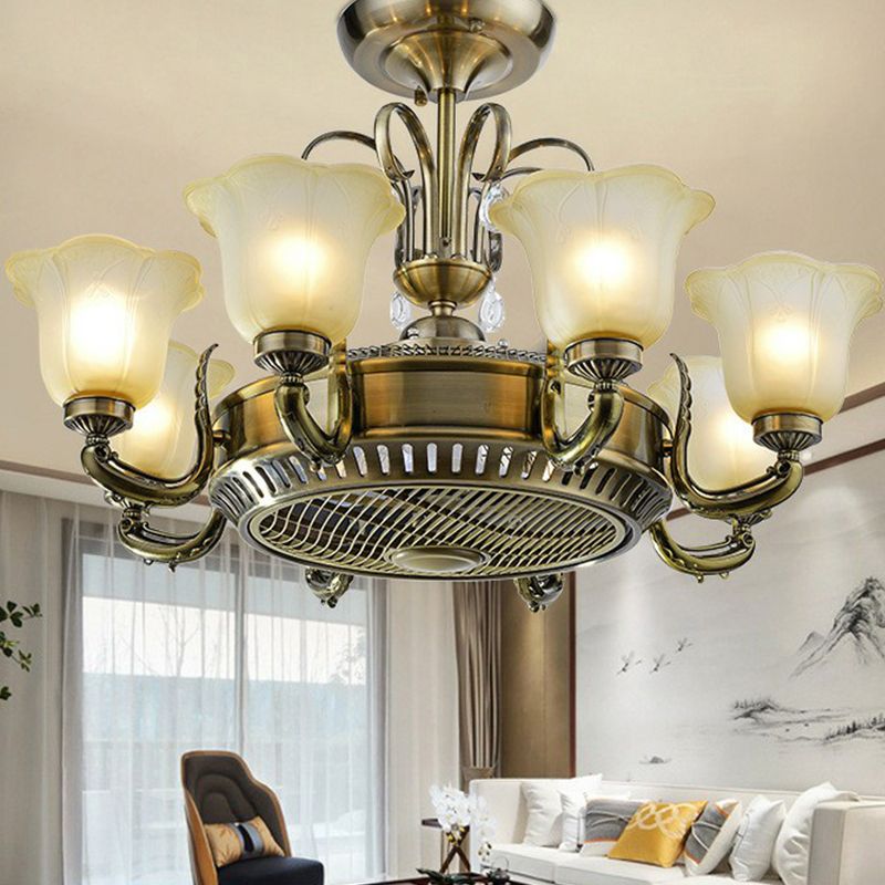 34" Wide Vintage Floral Pendant Fan Lamp Frosted Glass 3-Blade Semi-Flush Ceiling Light in Light Gold