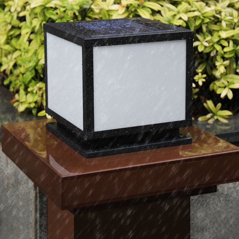 Square Shape Metal Outdoor Lights Modern Style 1 Light Solar Pillar Lamp in Black