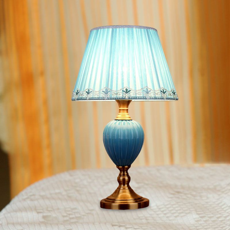 1-Light Scalloped/Tapered Night Lamp Retro Sky Blue/Light Blue Pleated/Paneled Fabric Table Lighting with Droplet Ceramic Base